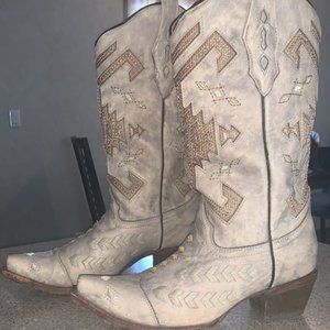 Corral Odessa Western Cowboy Boots AB046 Tan Gold Aztec Embroidered Women's 9.0M
